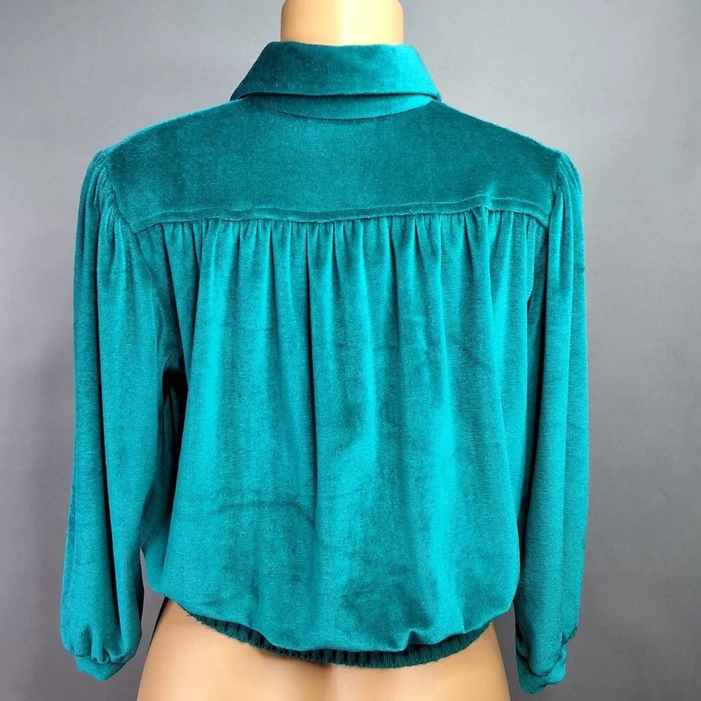 Vintage Fashion Bug 70/80's Teal Velour Button Up Top Ribbed Band 3/4 Sleeve Med - Picture 4 of 10